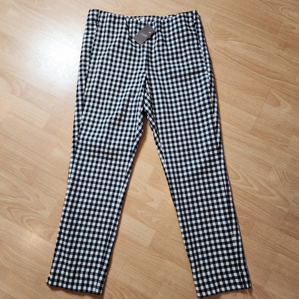 NWT J. Jill Essential Cotton Stretch Pull On Black White Gingham Plaid Pants 12